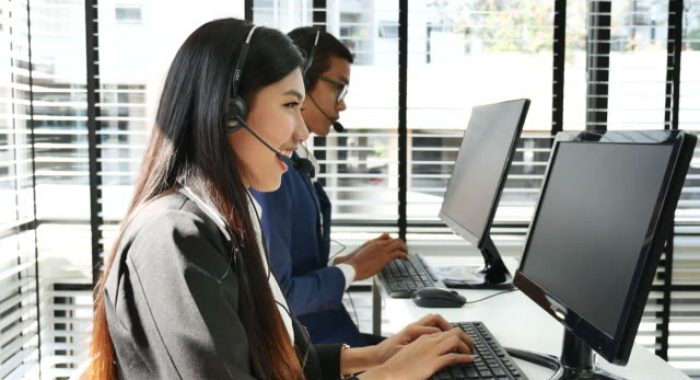 Call center employees working